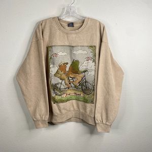 Frog and Toad Bicycle Riding Sweatshirt Large Tan Acid Wash Tapestry Graphic